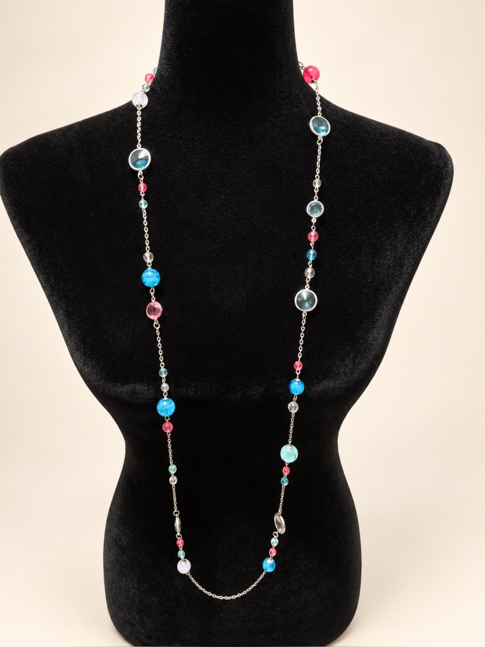 Long Multicolor Beaded Chain Necklace - Pink & Blue